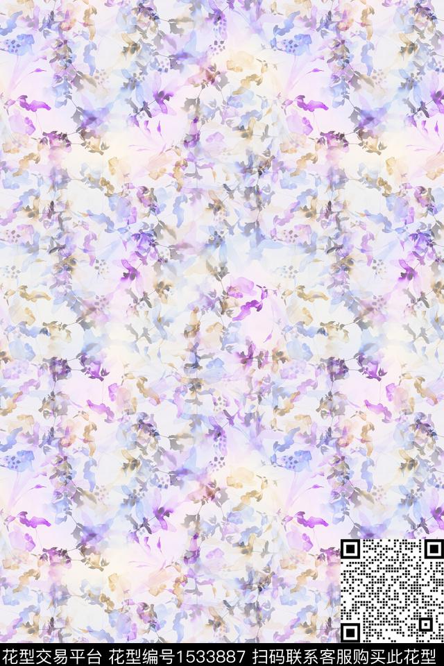 抽象花卉水彩数码印花华亿平台下载（图片编号: 1533887） - 瓦栏（Walan）