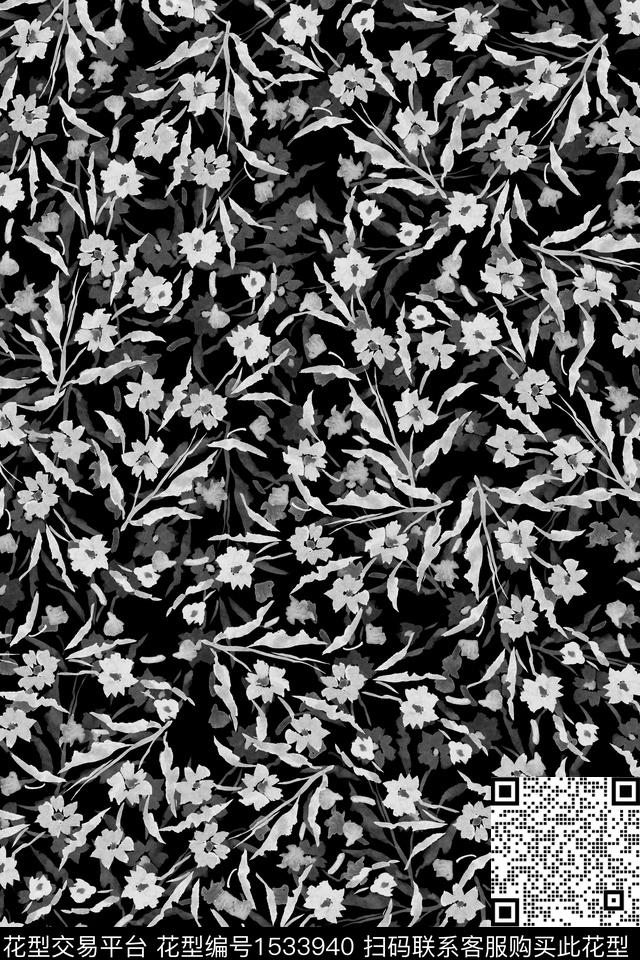 黑白华亿平台花卉小碎花数码印花华亿平台下载（图片编号: 1533940） - 瓦栏（Walan）