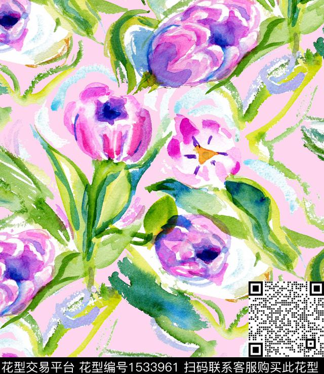 郁金香手绘大花2024春夏数码印花华亿平台下载（图片编号: 1533961） - 瓦栏（Walan）