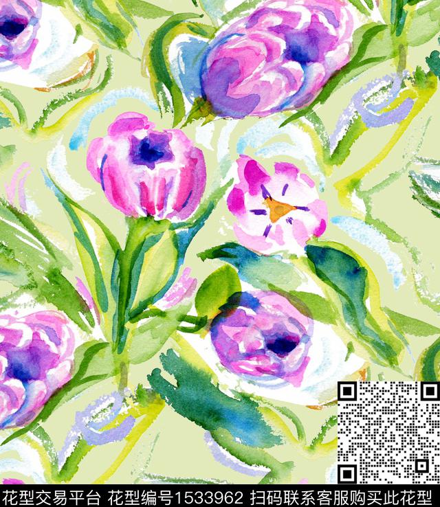 郁金香手绘大花鸢尾花数码印花华亿平台下载（图片编号: 1533962） - 瓦栏（Walan）