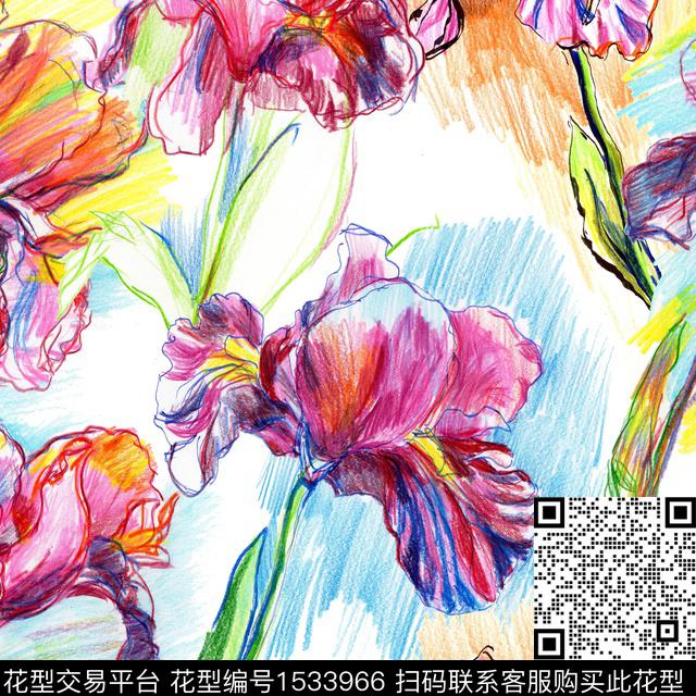 郁金香手绘大花鸢尾花数码印花华亿平台下载（图片编号: 1533966） - 瓦栏（Walan）