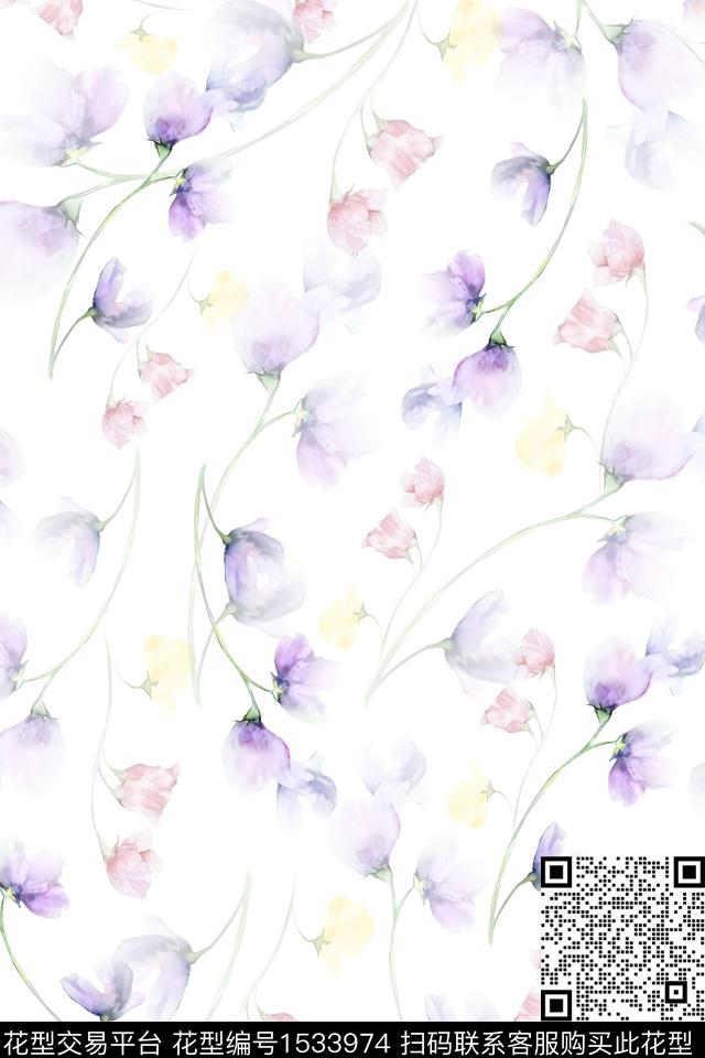 花卉水彩柔和数码印花华亿平台下载（图片编号: 1533974） - 瓦栏（Walan）