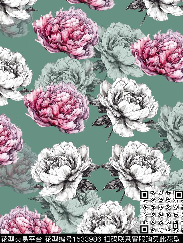 红花牡丹白花数码印花华亿平台下载（图片编号: 1533986） - 瓦栏（Walan）