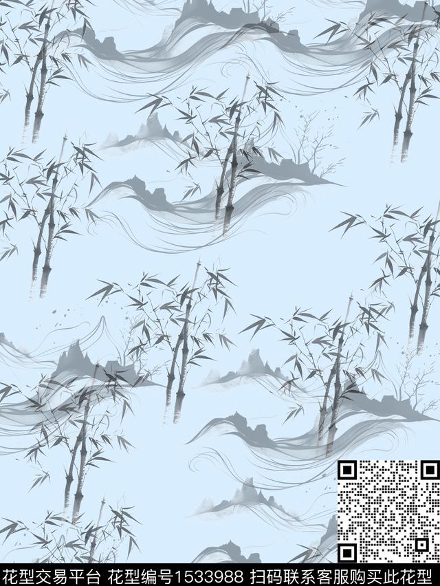 竹子山河水墨风数码印花华亿平台下载（图片编号: 1533988） - 瓦栏（Walan）