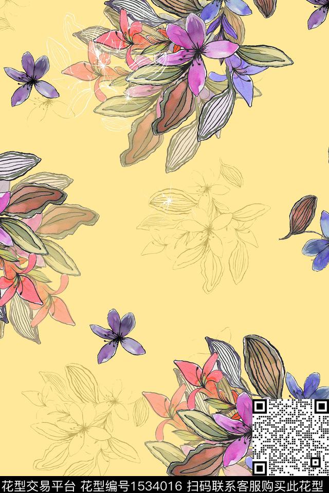 大花花卉水彩数码印花华亿平台下载（图片编号: 1534016） - 瓦栏（Walan）