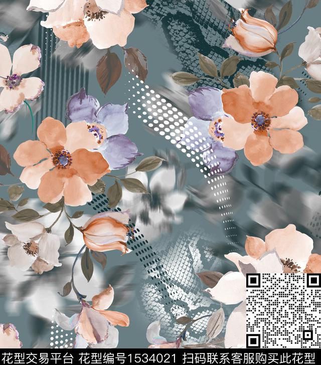 水彩花卉花卉几何元素数码印花华亿平台下载（图片编号: 1534021） - 瓦栏（Walan）