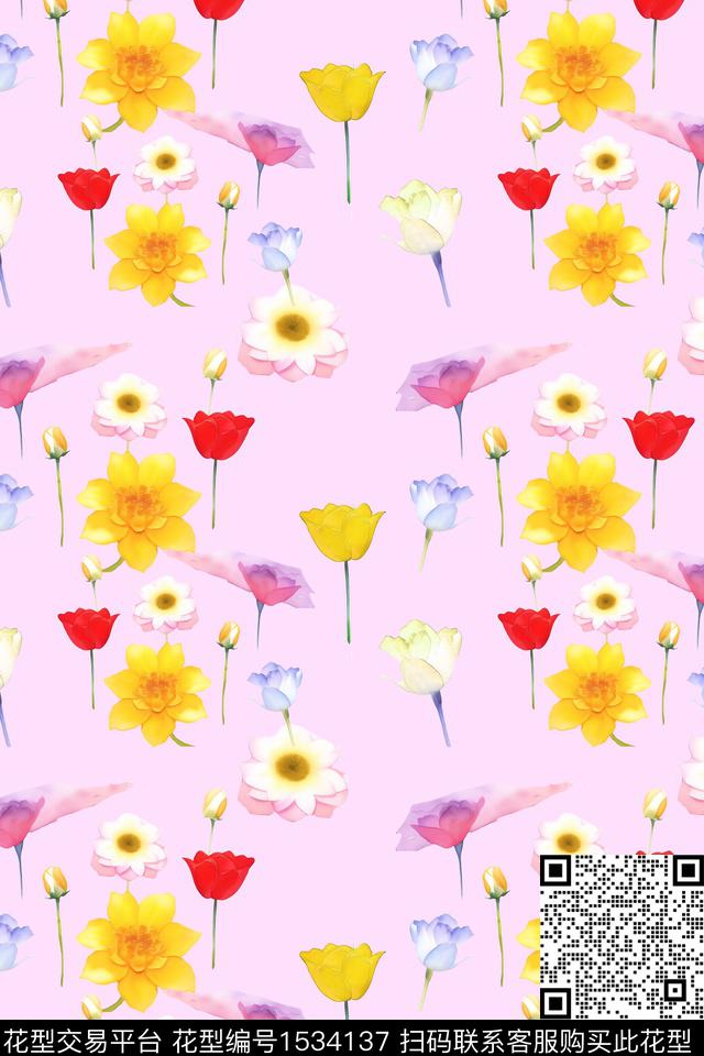 手绘水彩花卉花卉数码印花华亿平台下载（图片编号: 1534137） - 瓦栏（Walan）
