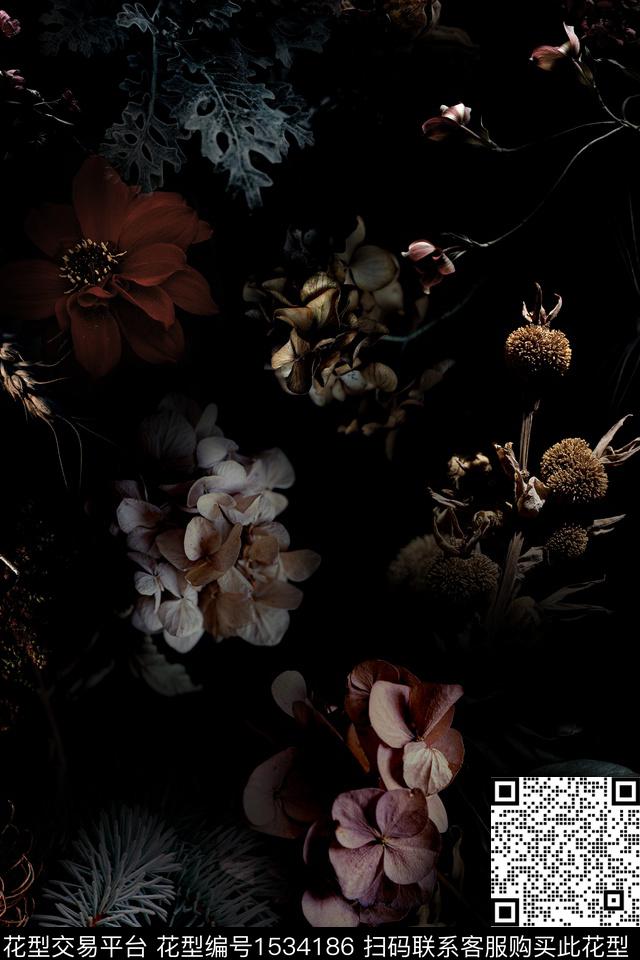 花卉朦胧花卉黑底花卉数码印花华亿平台下载（图片编号: 1534186） - 瓦栏（Walan）