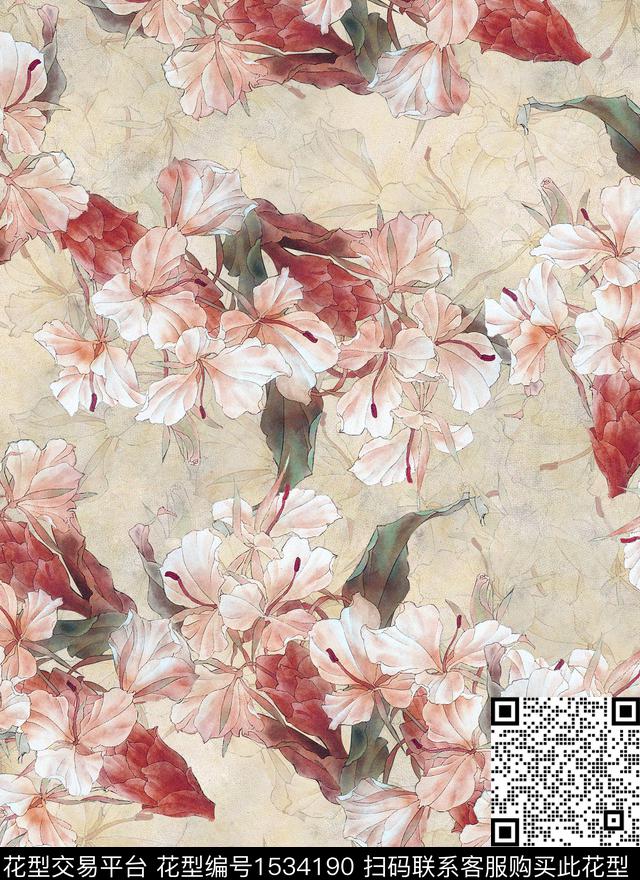 香云纱旗袍花卉数码印花华亿平台下载（图片编号: 1534190） - 瓦栏（Walan）