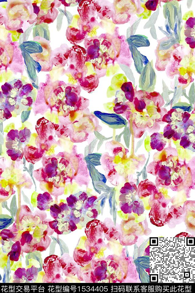 花卉油画水彩数码印花华亿平台下载（图片编号: 1534405） - 瓦栏（Walan）