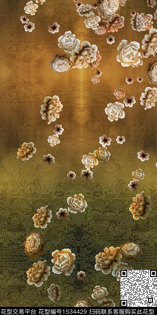 香云纱定位花女装定位花数码印花华亿平台下载（图片编号: 1534429） - 瓦栏（Walan）