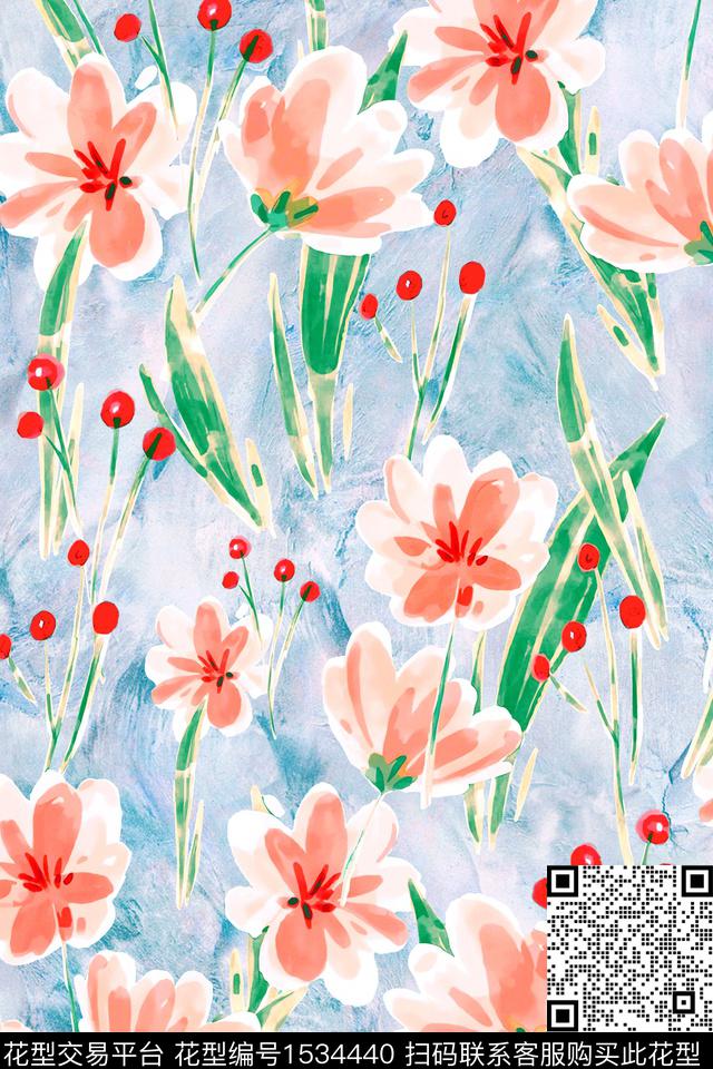 真丝花卉水彩数码印花华亿平台下载（图片编号: 1534440） - 瓦栏（Walan）