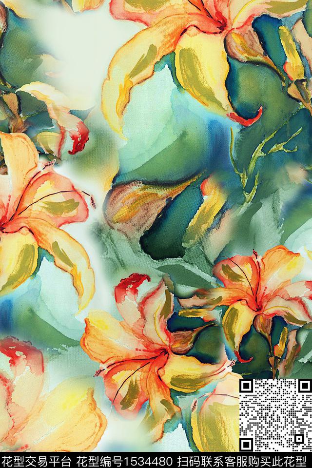 真丝水彩花卉数码印花华亿平台下载（图片编号: 1534480） - 瓦栏（Walan）