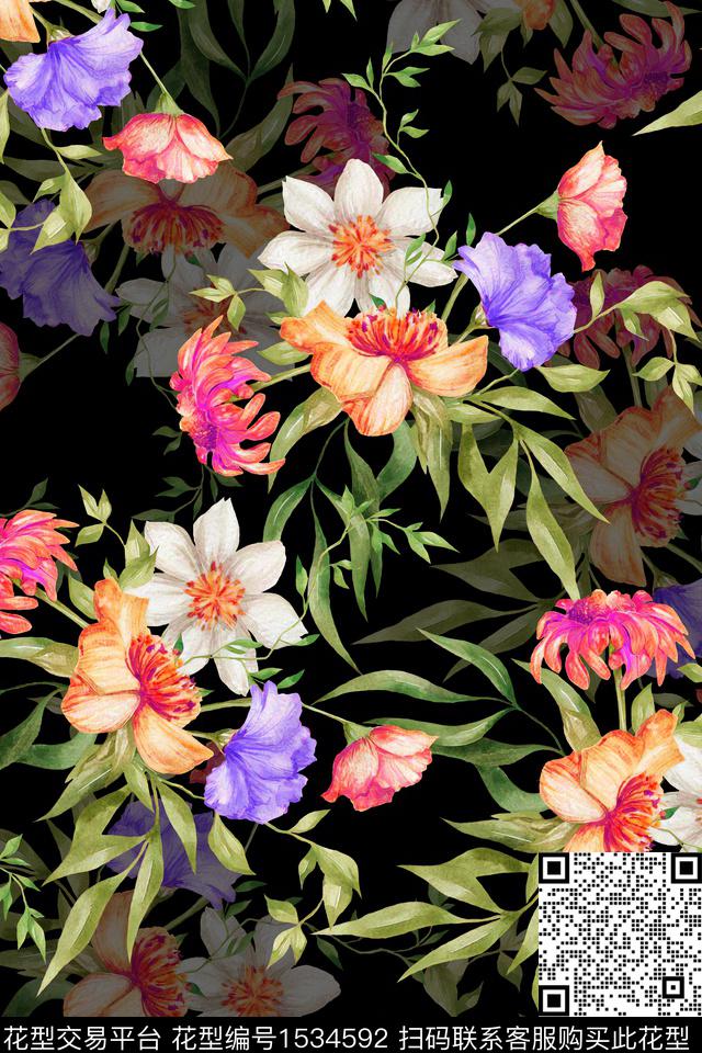 花卉黑底花卉水彩数码印花华亿平台下载（图片编号: 1534592） - 瓦栏（Walan）