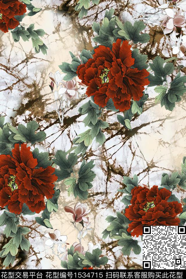 大花树枝花卉数码印花华亿平台下载（图片编号: 1534715） - 瓦栏（Walan）