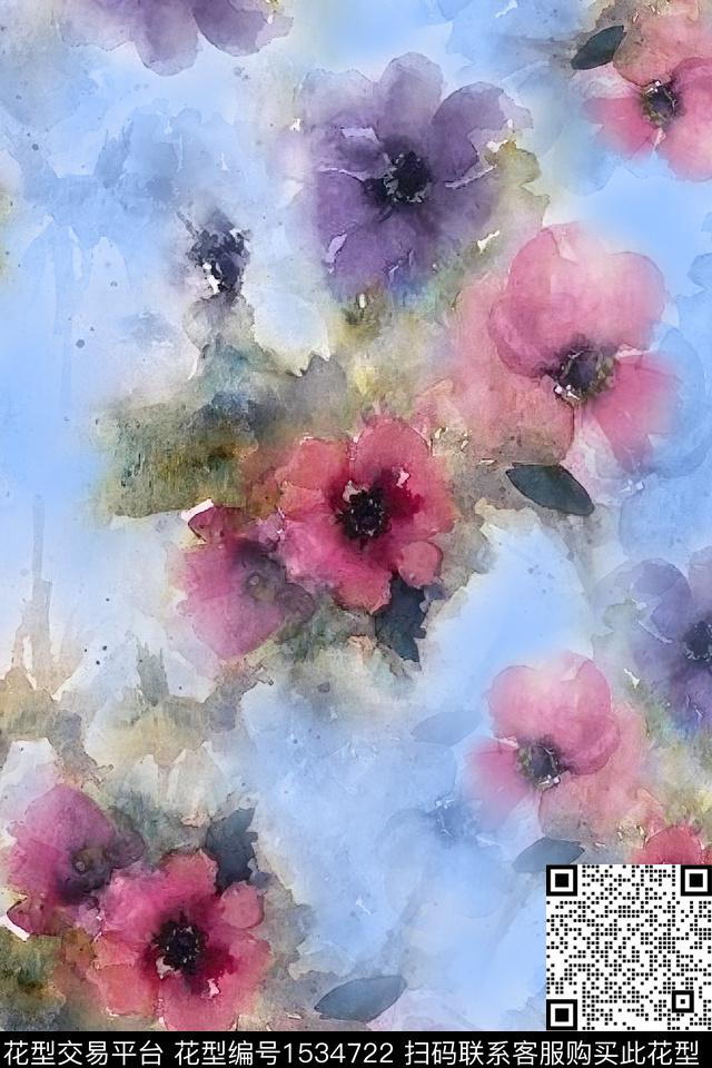 水彩花卉模糊数码印花华亿平台下载（图片编号: 1534722） - 瓦栏（Walan）