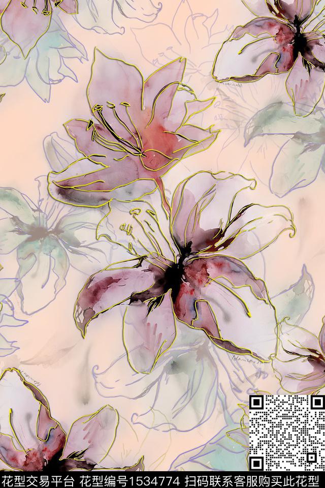 花卉水彩包金数码印花华亿平台下载（图片编号: 1534774） - 瓦栏（Walan）