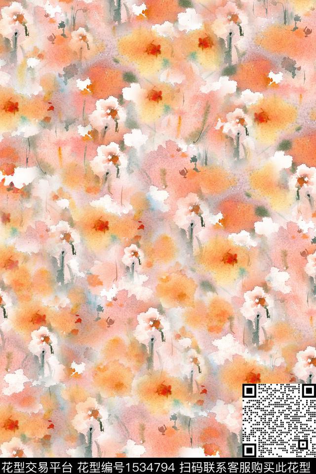 抽象花卉年轻女性水彩花卉数码印花华亿平台下载（图片编号: 1534794） - 瓦栏（Walan）