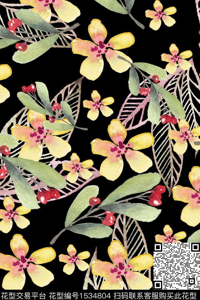花卉叶子黑底花卉数码印花华亿平台下载（图片编号: 1534804） - 瓦栏（Walan）
