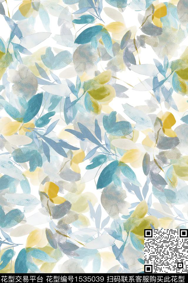 叶子水彩花卉数码印花华亿平台下载（图片编号: 1535039） - 瓦栏（Walan）