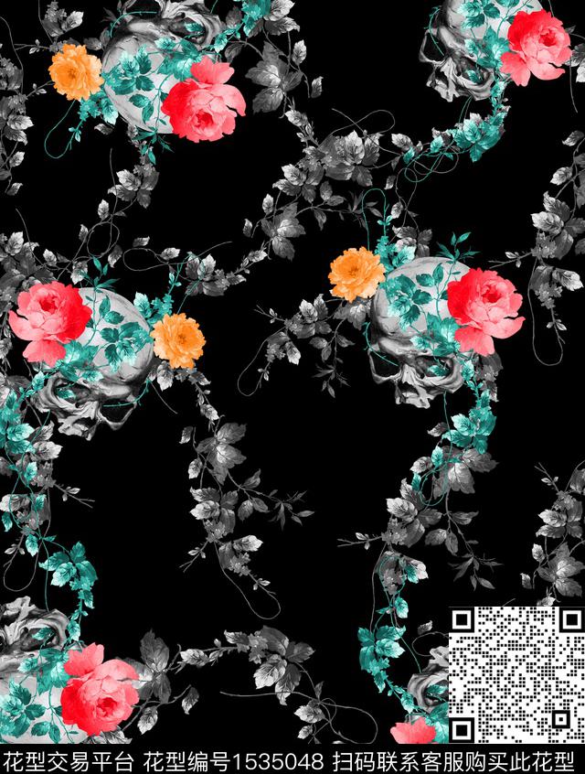 花卉骷髅数码印花华亿平台下载（图片编号: 1535048） - 瓦栏（Walan）