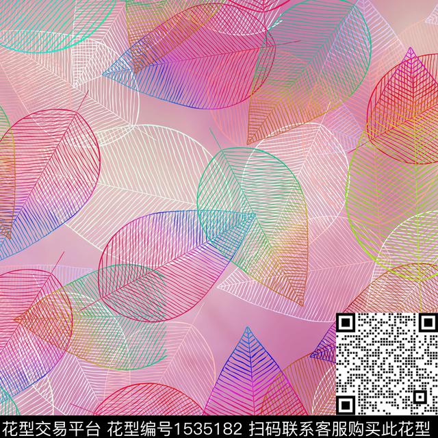 叶子线条绿植树叶数码印花华亿平台下载（图片编号: 1535182） - 瓦栏（Walan）