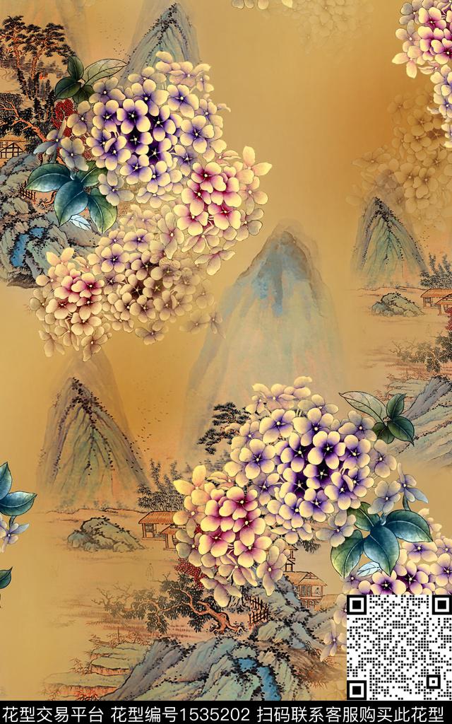 香云纱花卉中国风数码印花华亿平台下载（图片编号: 1535202） - 瓦栏（Walan）