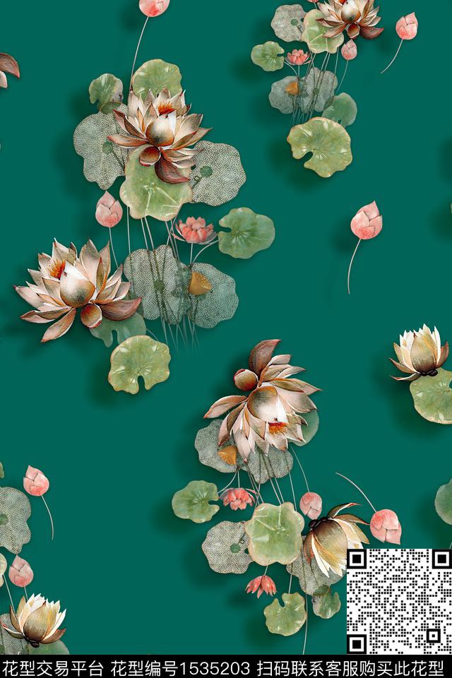 花卉荷花荷叶数码印花华亿平台下载（图片编号: 1535203） - 瓦栏（Walan）