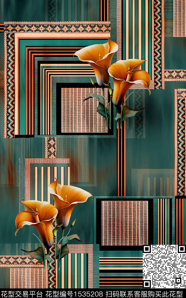 中老年花卉几何数码印花华亿平台下载（图片编号: 1535208） - 瓦栏（Walan）
