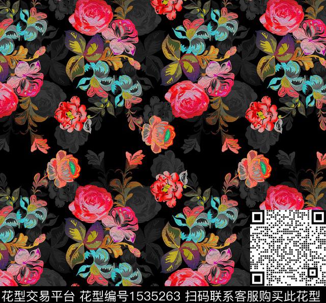 花卉满版散花油画花卉数码印花华亿平台下载（图片编号: 1535263） - 瓦栏（Walan）