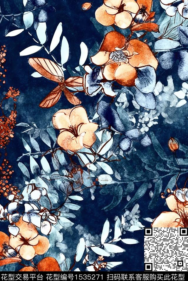 植物手绘花卉暗调数码印花华亿平台下载（图片编号: 1535271） - 瓦栏（Walan）