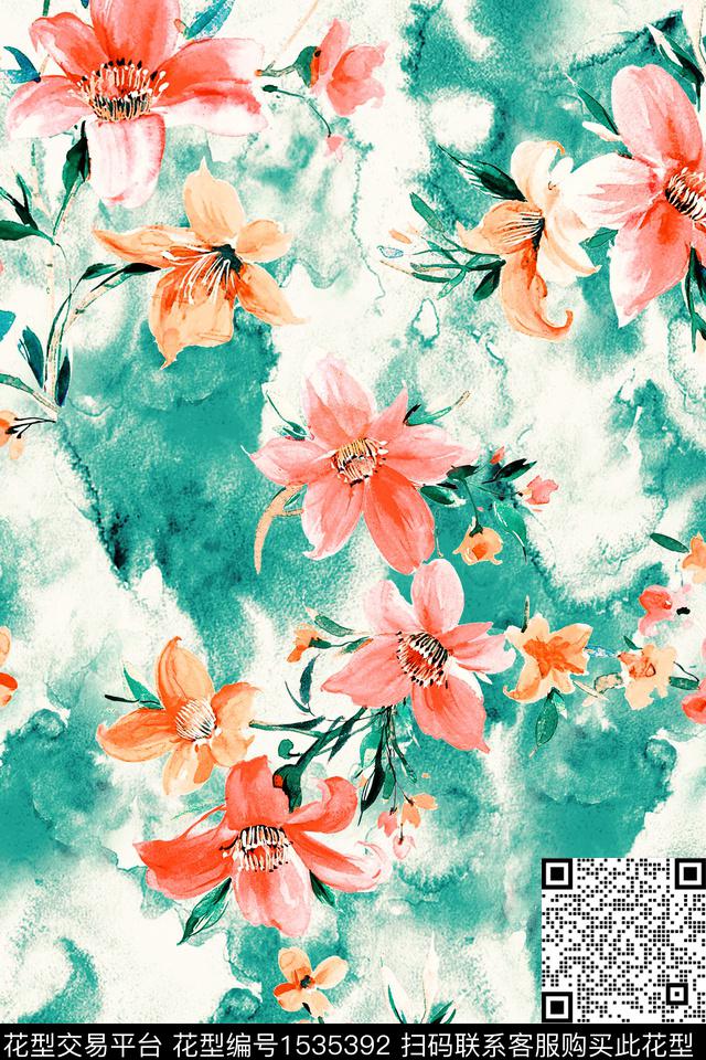 水彩花卉简约数码印花华亿平台下载（图片编号: 1535392） - 瓦栏（Walan）