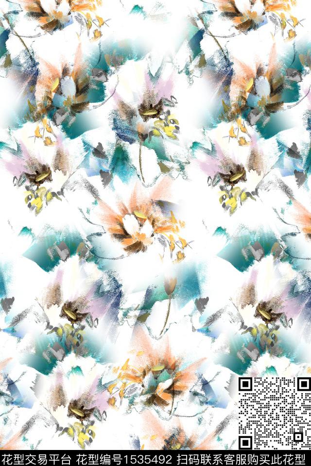 笔触春夏华亿平台抽象花卉数码印花华亿平台下载（图片编号: 1535492） - 瓦栏（Walan）
