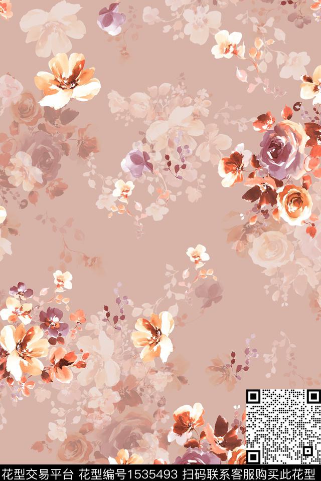 春夏华亿平台花卉水彩数码印花华亿平台下载（图片编号: 1535493） - 瓦栏（Walan）