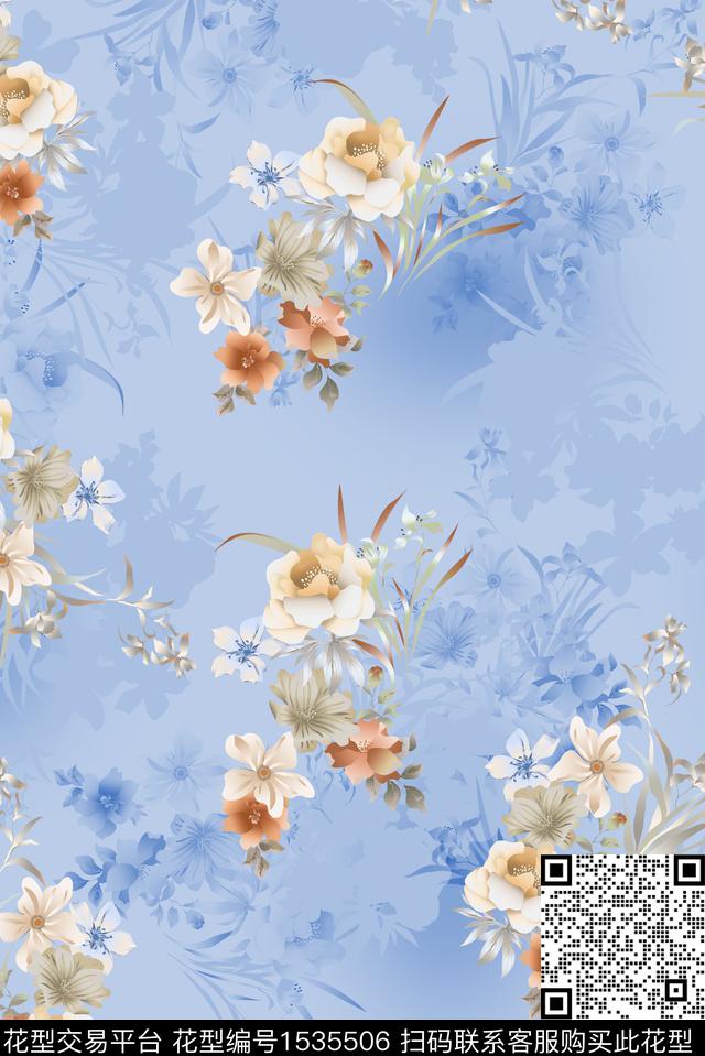 渐变手绘花卉花卉数码印花华亿平台下载（图片编号: 1535506） - 瓦栏（Walan）