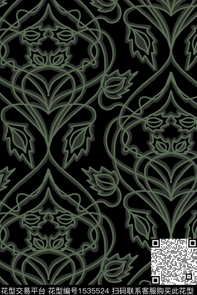 黑底花卉民族风复古数码印花华亿平台下载（图片编号: 1535524） - 瓦栏（Walan）