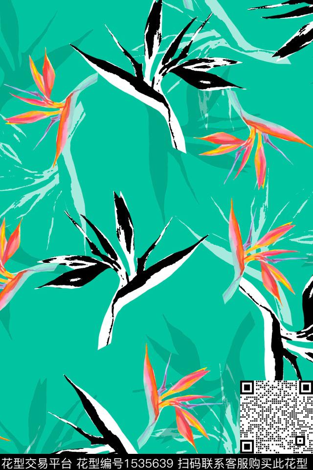 绿植树叶天堂鸟年轻女性数码印花华亿平台下载（图片编号: 1535639） - 瓦栏（Walan）