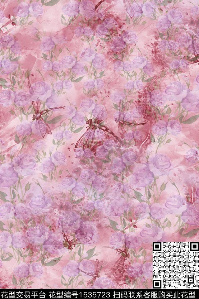 蜻蜓花卉抽象数码印花华亿平台下载（图片编号: 1535723） - 瓦栏（Walan）