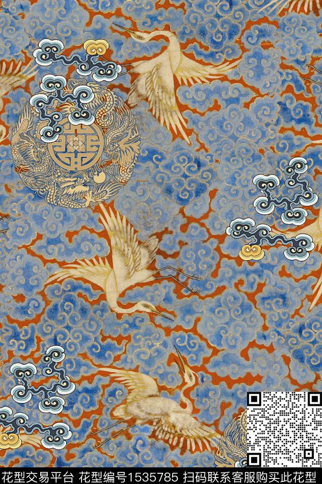 香云纱祥云仙鹤数码印花华亿平台下载（图片编号: 1535785） - 瓦栏（Walan）