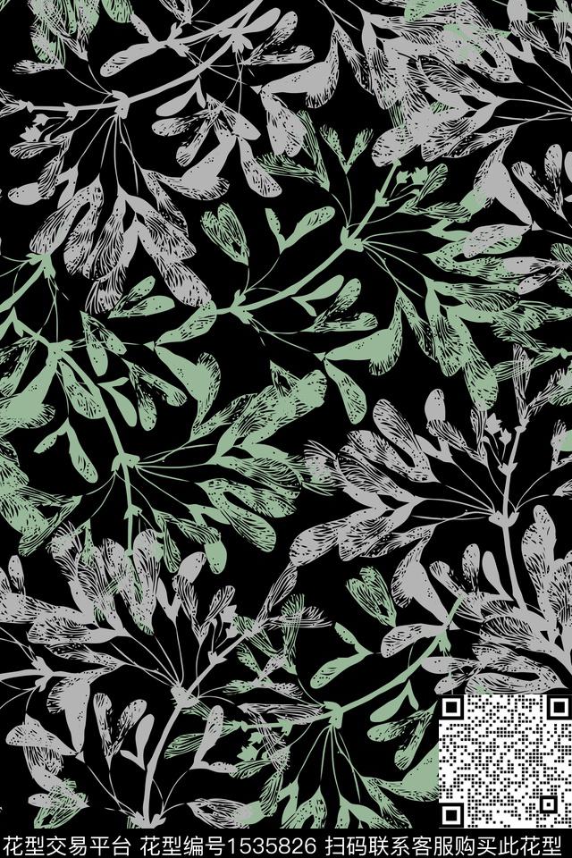 女装黑底绿植树叶传统印花华亿平台下载（图片编号: 1535826） - 瓦栏（Walan）