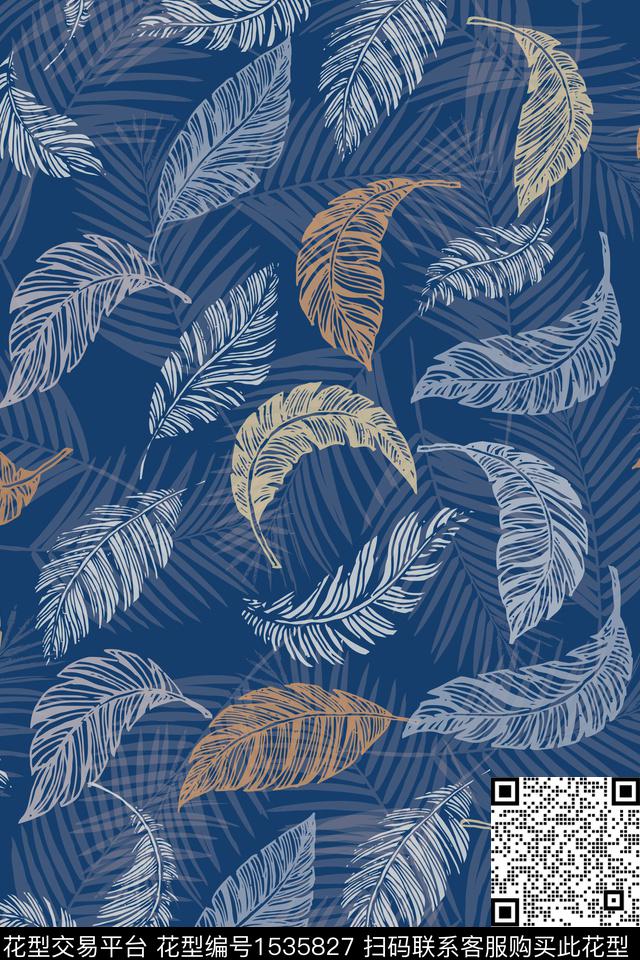 羽毛绿植树叶热带传统印花华亿平台下载（图片编号: 1535827） - 瓦栏（Walan）