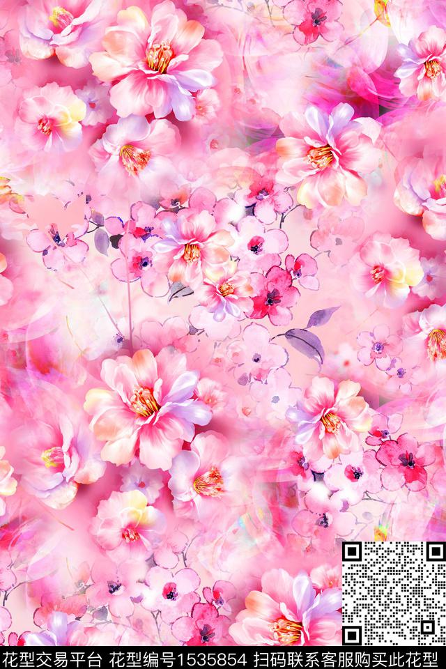 抽象花卉抽象水彩数码印花华亿平台下载（图片编号: 1535854） - 瓦栏（Walan）