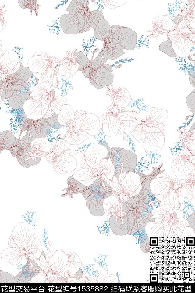 春夏华亿平台花卉线条花数码印花华亿平台下载（图片编号: 1535882） - 瓦栏（Walan）