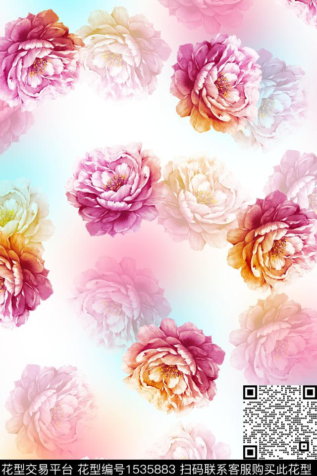 炫彩花卉影花数码印花华亿平台下载（图片编号: 1535883） - 瓦栏（Walan）