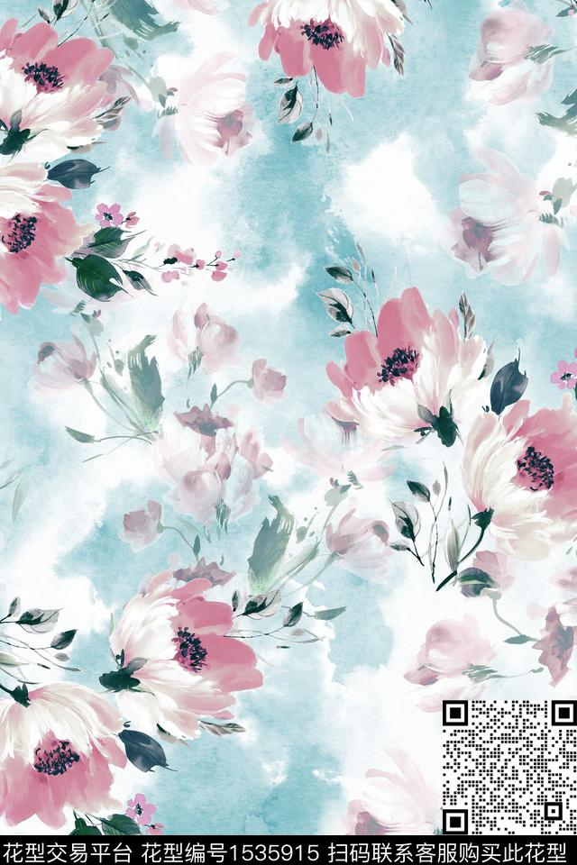真丝水彩花卉数码印花华亿平台下载（图片编号: 1535915） - 瓦栏（Walan）