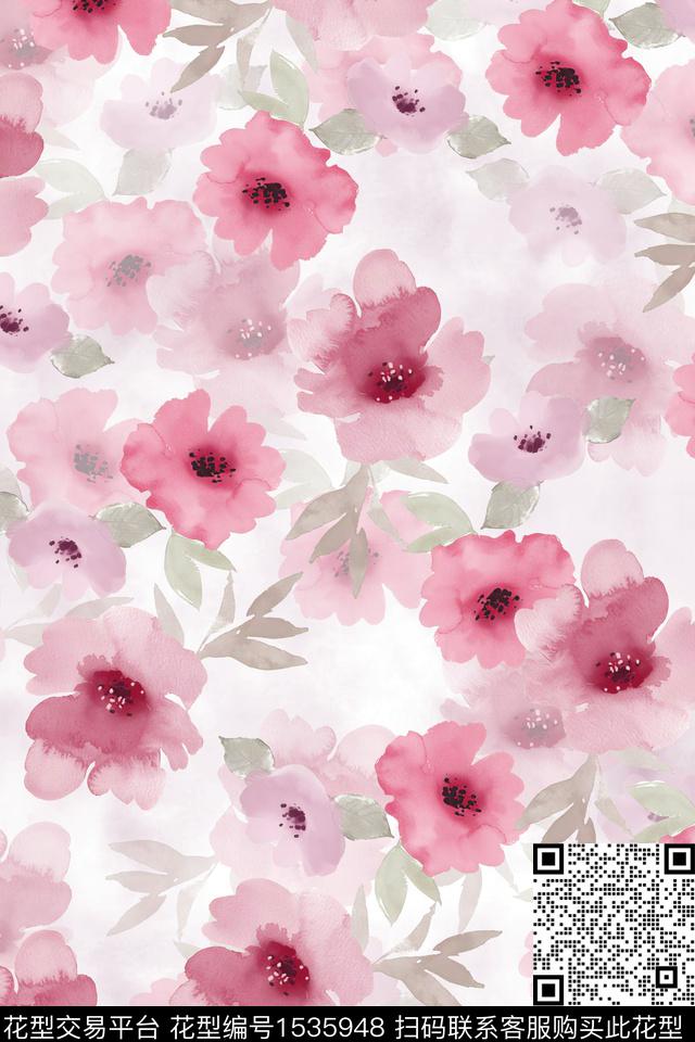 清爽水彩花卉数码印花华亿平台下载（图片编号: 1535948） - 瓦栏（Walan）