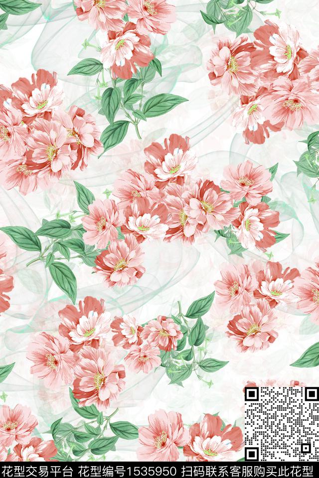 清爽水彩花卉数码印花华亿平台下载（图片编号: 1535950） - 瓦栏（Walan）