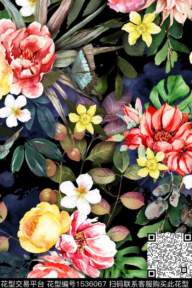 植物水彩花卉数码印花华亿平台下载（图片编号: 1536067） - 瓦栏（Walan）