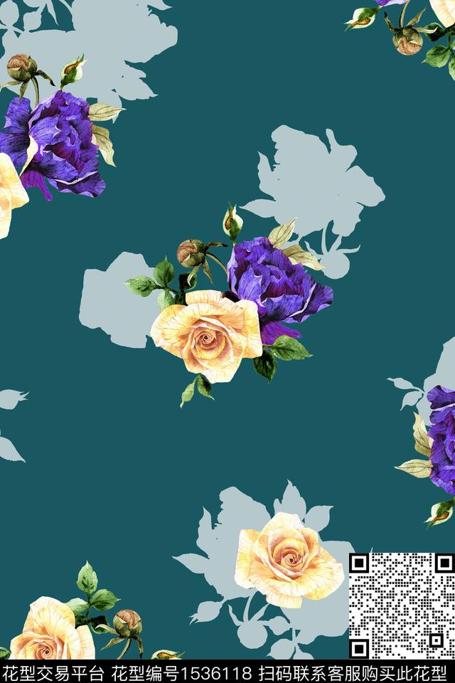 花卉水彩影花数码印花华亿平台下载（图片编号: 1536118） - 瓦栏（Walan）