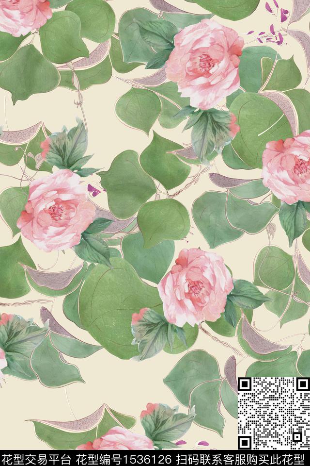 水彩叶子花卉数码印花华亿平台下载（图片编号: 1536126） - 瓦栏（Walan）